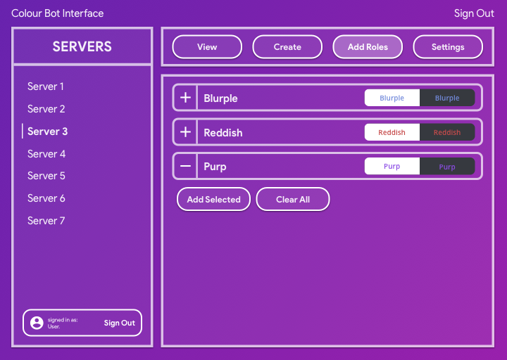 website mockup made in sketch depicting an interface for choosing various colour options